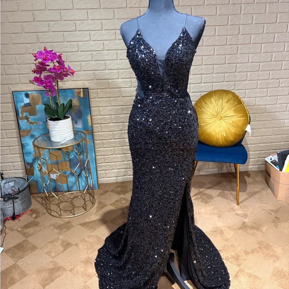 Black Sequin Plunging V-Neck Prom Dress with Thigh Slit